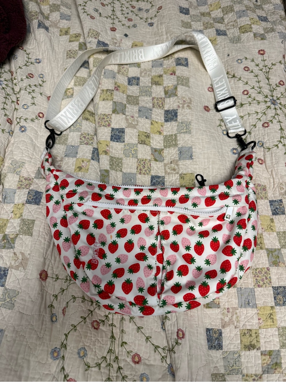 Strawberry Print Crossbody Bag with White Branded Strap - Pink/Red